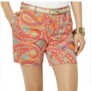 Lauren Ralph Lauren Orange Paisley Floral Shorts Size 12 High Rise Cotton Stretc